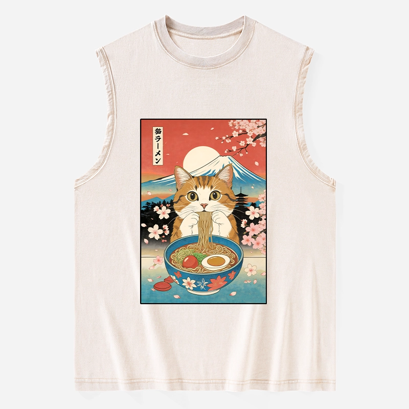 Tokyo-Tiger Funny Orange Cat Eating Ramen Japan Washed Tank