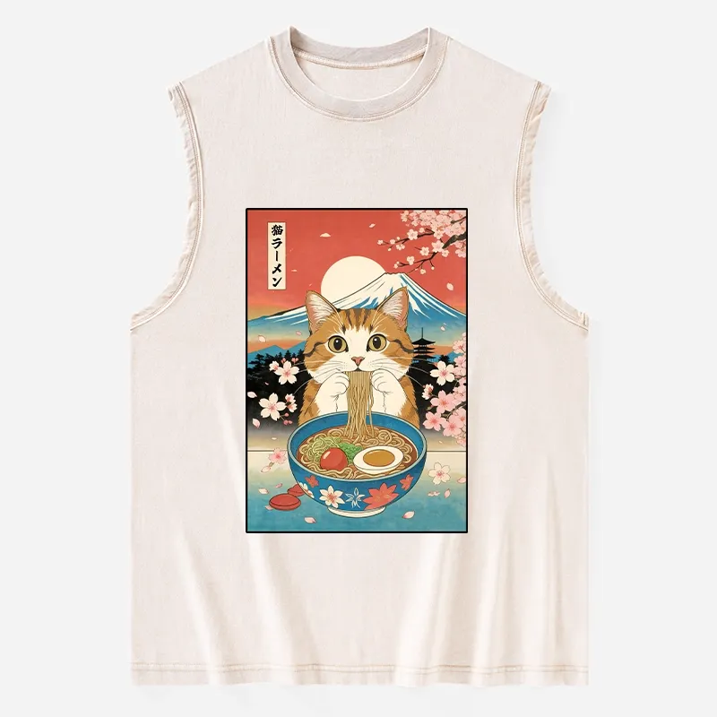 Tokyo-Tiger Funny Orange Cat Eating Ramen Japan Washed Tank Sale