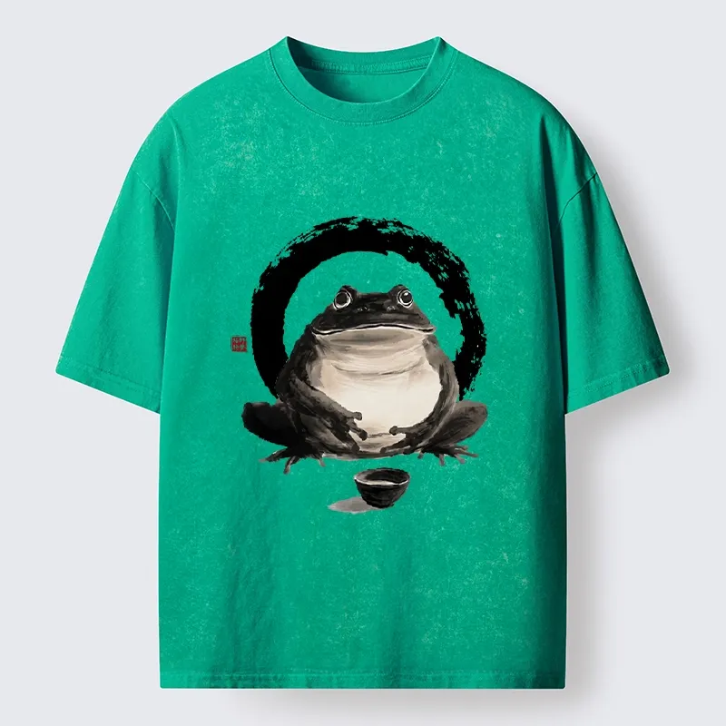 Tokyo-Tiger Zen Frog With A Tea Bowl Washed T-Shirt