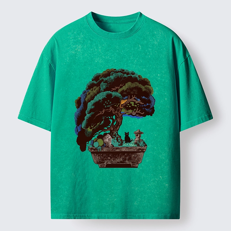 Tokyo-Tiger Black Cat Hiding In A Bonsai Pot Washed T-Shirt