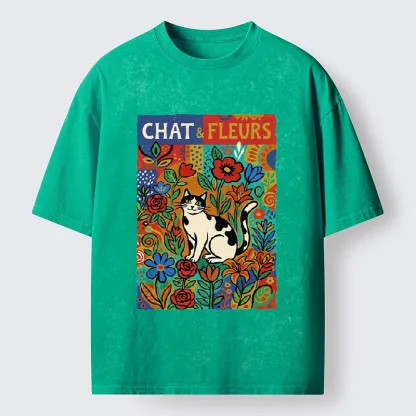 Tokyo-Tiger Colorful Cat And Floral Art Washed T-Shirt