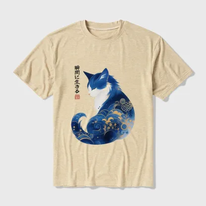 Tokyo-Tiger Retro Zen Cat: Living the Present Cotton Blend T-Shirt