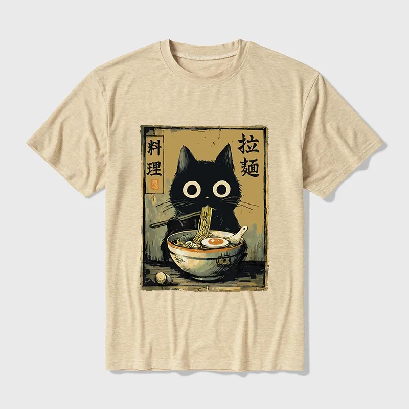 Tokyo-Tiger Cute Black Cat Eating Ramen Japan Cotton Blend T-Shirt