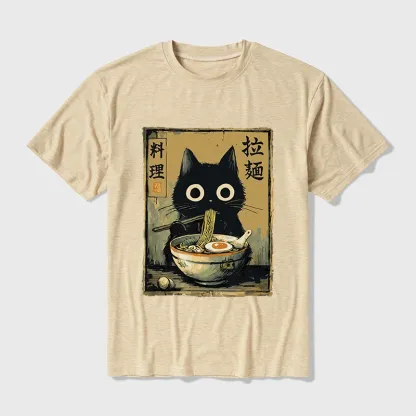 Tokyo-Tiger Cute Black Cat Eating Ramen Japan Cotton Blend T-Shirt