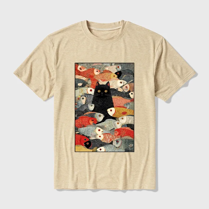 Tokyo-Tiger Cats And Fish Cotton Blend T-Shirt