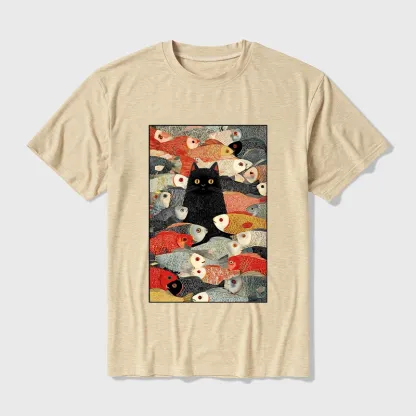 Tokyo-Tiger Cats And Fish Cotton Blend T-Shirt