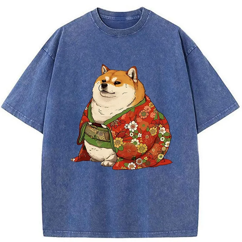 Tokyo-Tiger Shiba Inu Wearing Kimono Washed T-Shirt