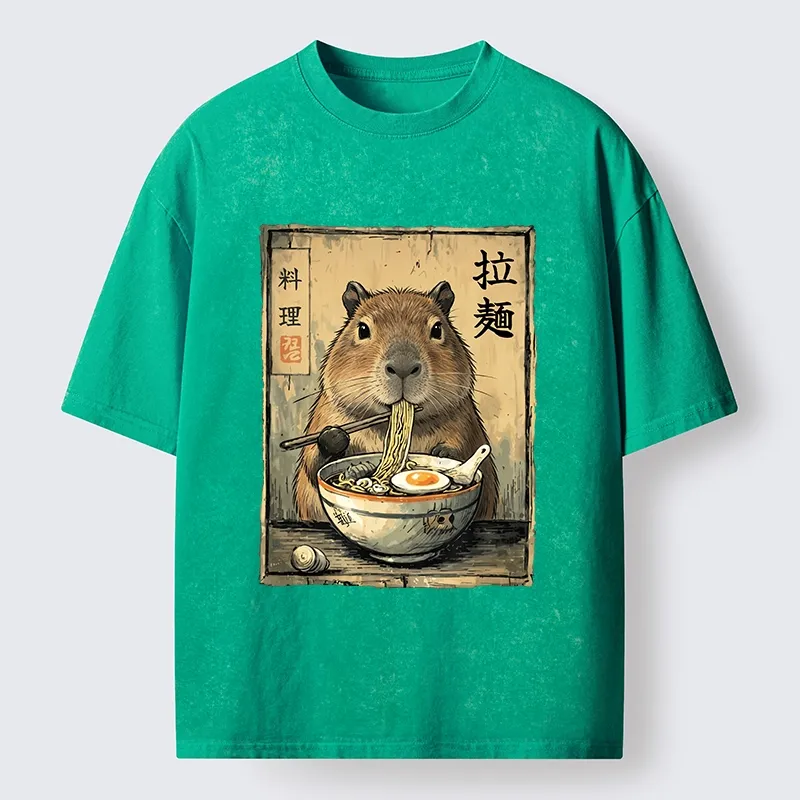Tokyo-Tiger Capybara Enjoying A Bowl Of Ramen Washed T-Shirt