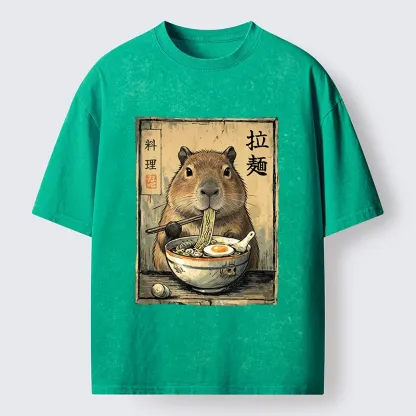Tokyo-Tiger Capybara Enjoying A Bowl Of Ramen Washed T-Shirt