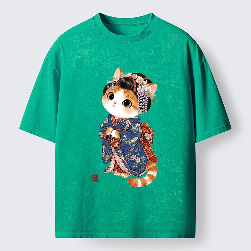 Tokyo-Tiger Cat Dressed As A Geisha Funny Washed T-Shirt