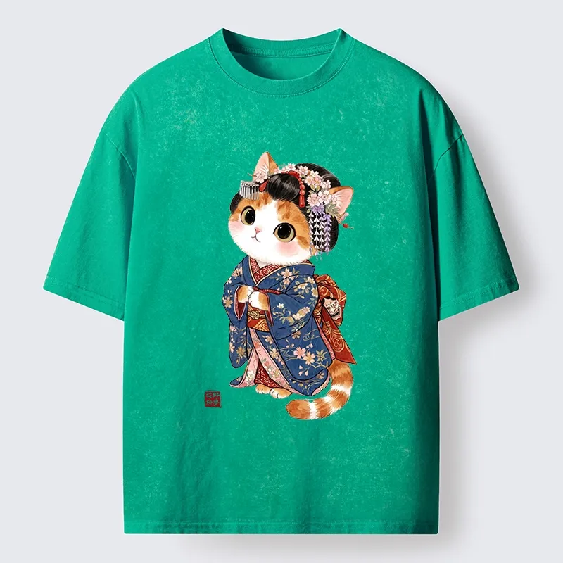 Tokyo-Tiger Cat Dressed As A Geisha Funny Washed T-Shirt