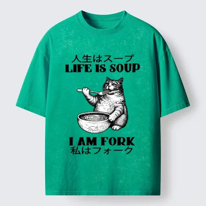 Tokyo-Tiger Cat Eating Soup With A Fork Washed T-Shirt