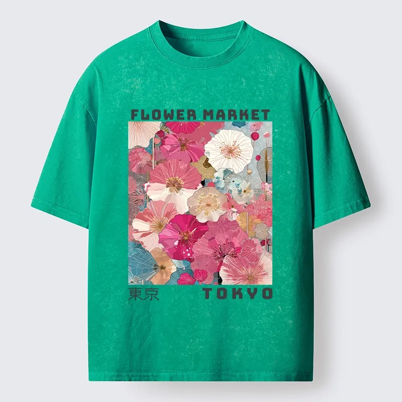 Tokyo-Tiger Market Colorful Floral Art Washed T-Shirt