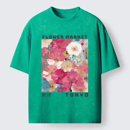 Tokyo-Tiger Market Colorful Floral Art Washed T-Shirt