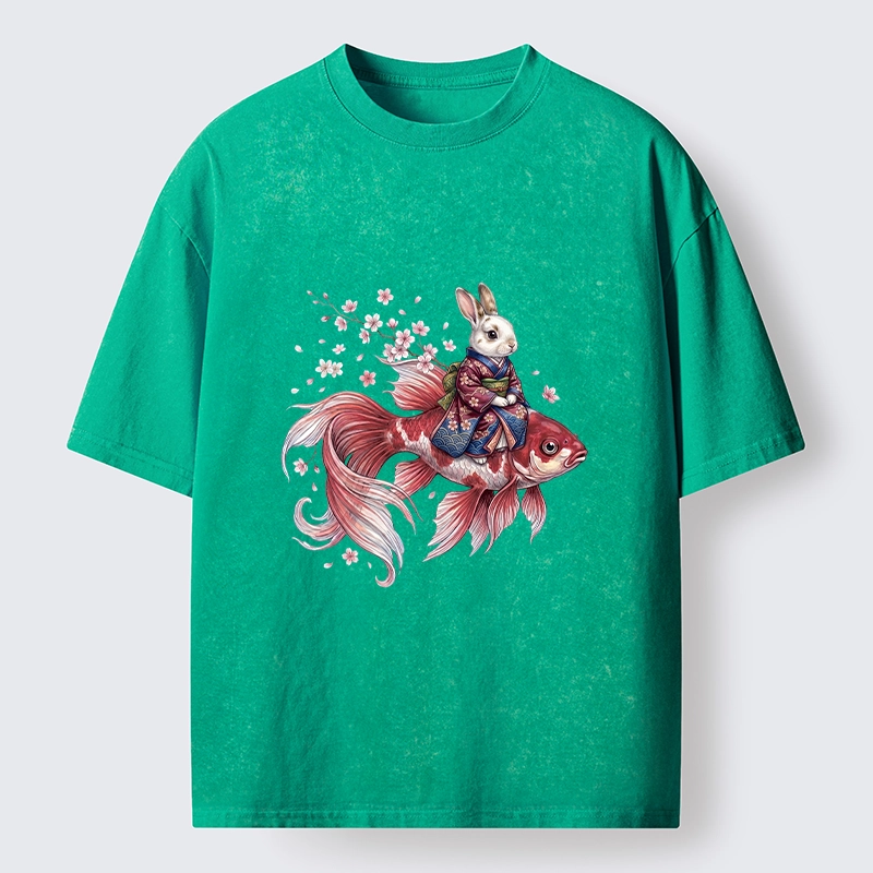 Tokyo-Tiger Japanese Style Rabbit And Koi Fish Washed T-Shirt