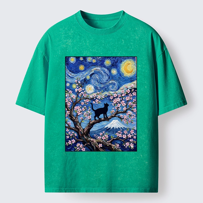 Tokyo-Tiger Van Gogh Style Cat With Mount Fuji Washed T-Shirt
