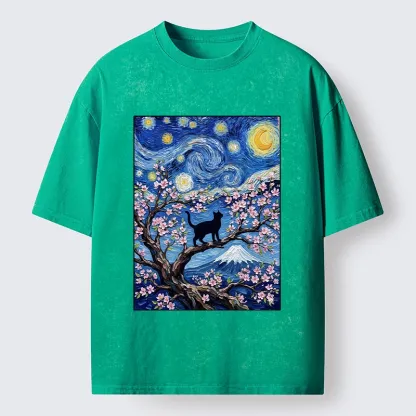 Tokyo-Tiger Van Gogh Style Cat With Mount Fuji Washed T-Shirt