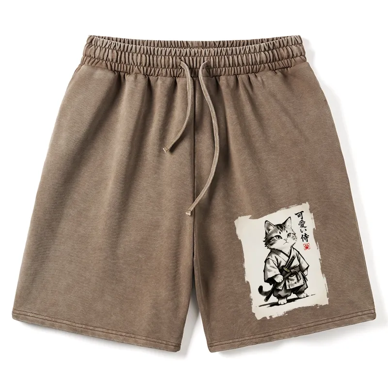 Tokyo-Tiger Japanese Samurai Cat Illustration Washed Shorts