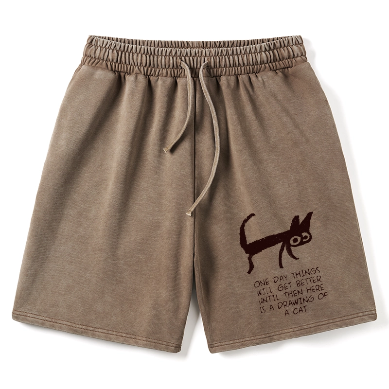 Tokyo-Tiger Cat Cheer Up Drawing Washed Shorts