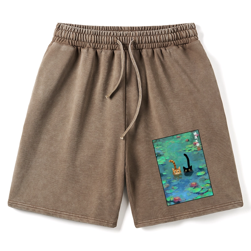 Tokyo-Tiger Funny Cats Swimming In Lilies Washed Shorts