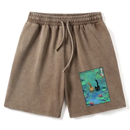 Tokyo-Tiger Funny Cats Swimming In Lilies Washed Shorts
