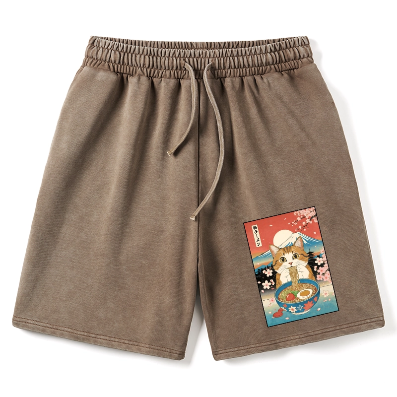 Tokyo-Tiger Funny Orange Cat Eating Ramen Japan Washed Shorts