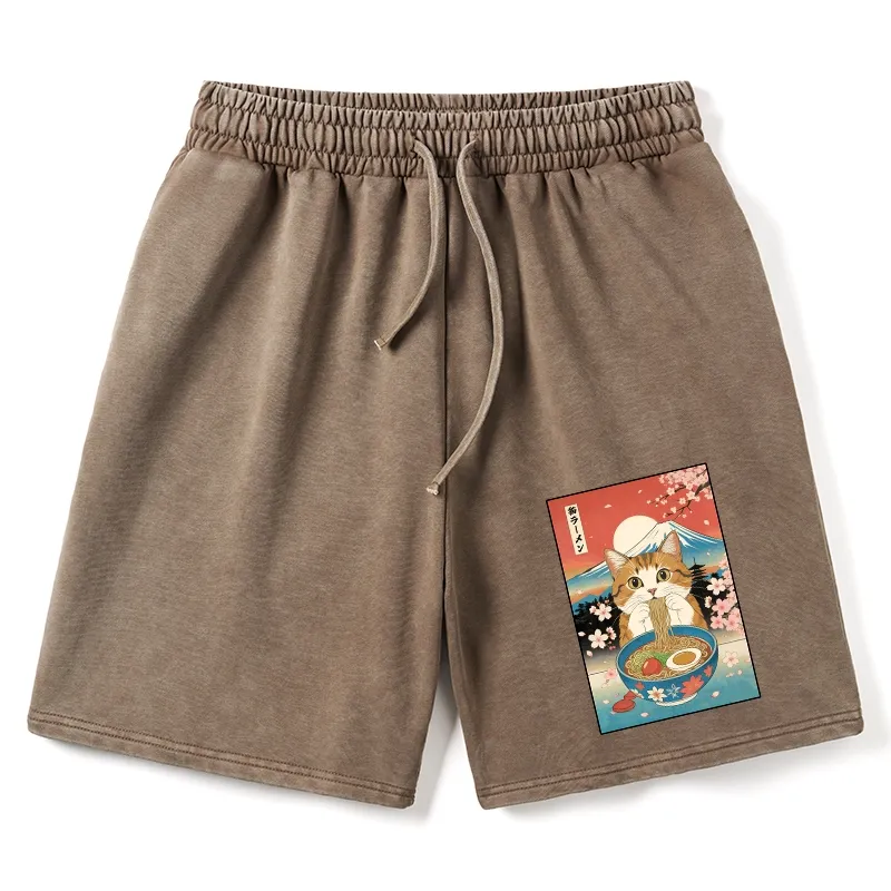 Tokyo-Tiger Funny Orange Cat Eating Ramen Japan Washed Shorts