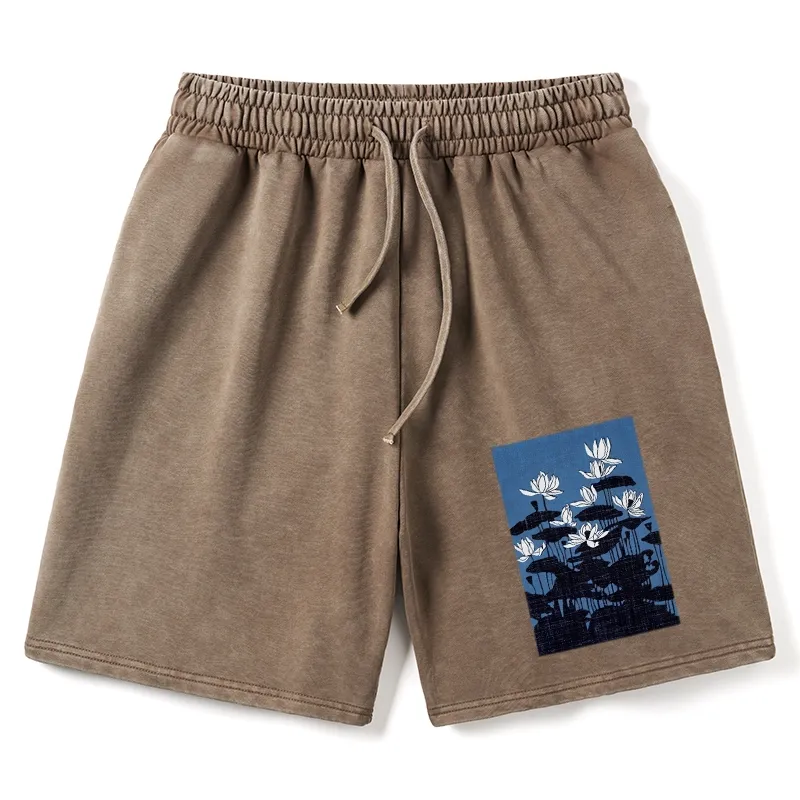 Tokyo-Tiger Blue Lotus Japanese Art Washed Shorts