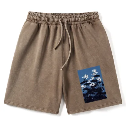 Tokyo-Tiger Blue Lotus Japanese Art Washed Shorts