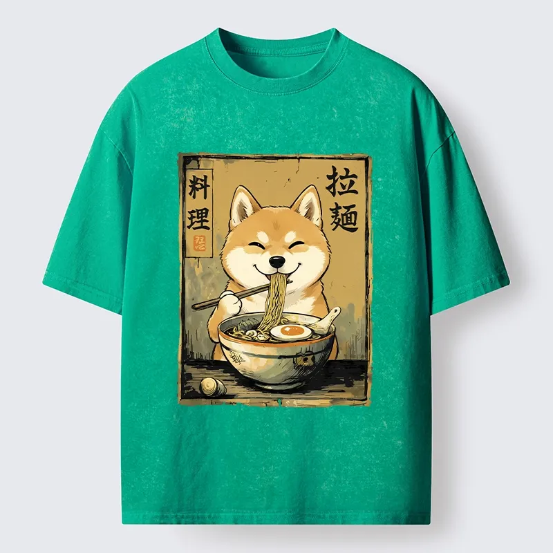 Tokyo-Tiger Happy Shiba Eating Ramen Washed T-Shirt