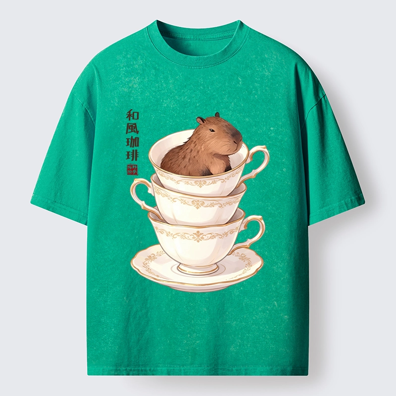 Tokyo-Tiger Japanese Coffee Capybara In A Teacup Washed T-Shirt