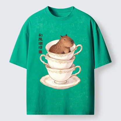 Tokyo-Tiger Japanese Coffee Capybara In A Teacup Washed T-Shirt