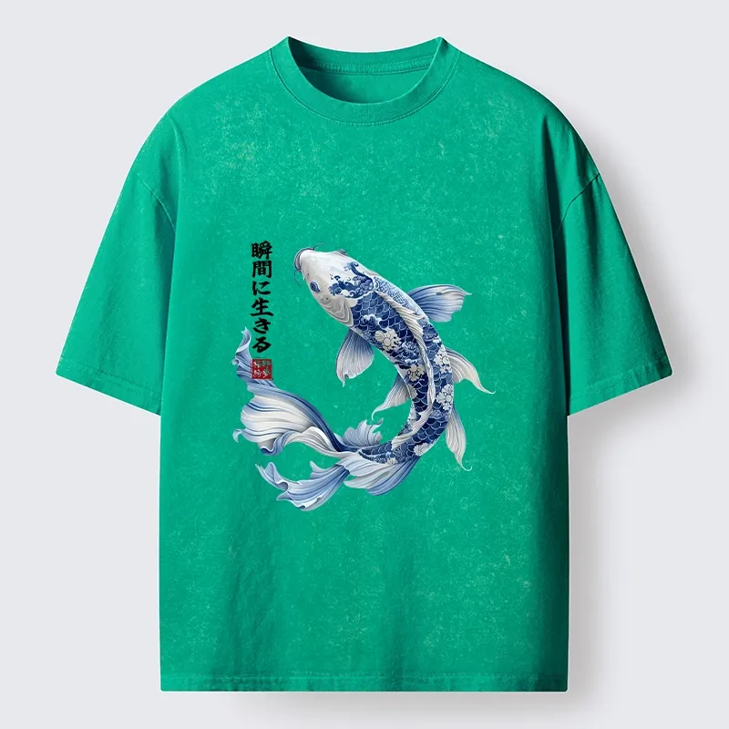 Tokyo-Tiger Blue And White Koi Fish Japanese Art Print Washed T-Shirt