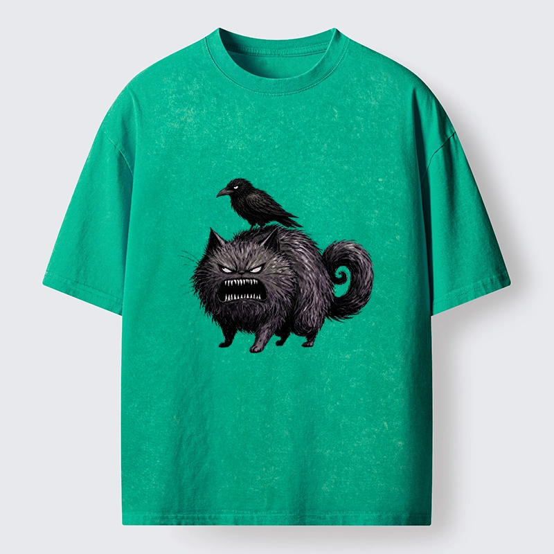 Tokyo-Tiger Angry Black Cat With Crow On Its Back Washed T-Shirt