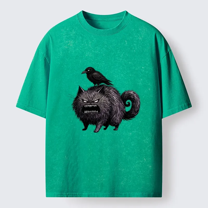 Tokyo-Tiger Angry Black Cat With Crow On Its Back Washed T-Shirt