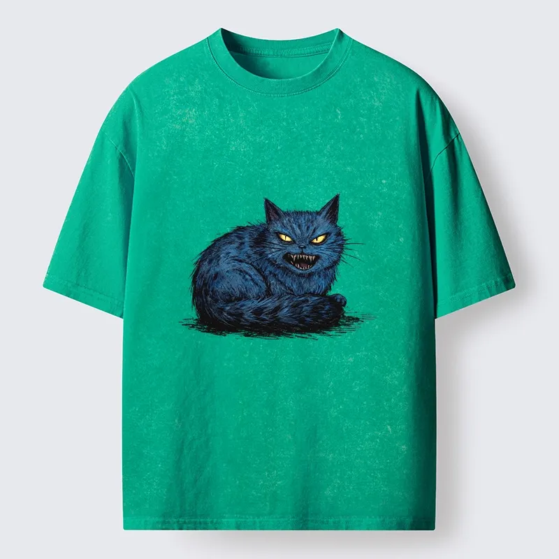 Tokyo-Tiger Fierce Blue Cat With Sharp Teeth Art Washed T-Shirt