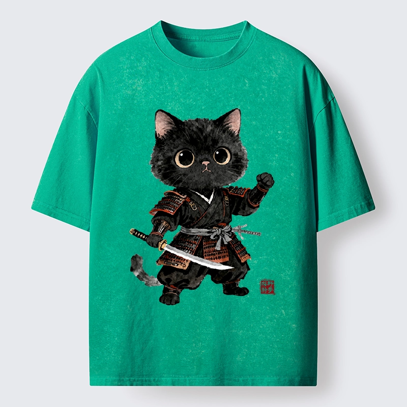 Tokyo-Tiger Samurai Black Cat With Katana Cute Art Washed T-Shirt