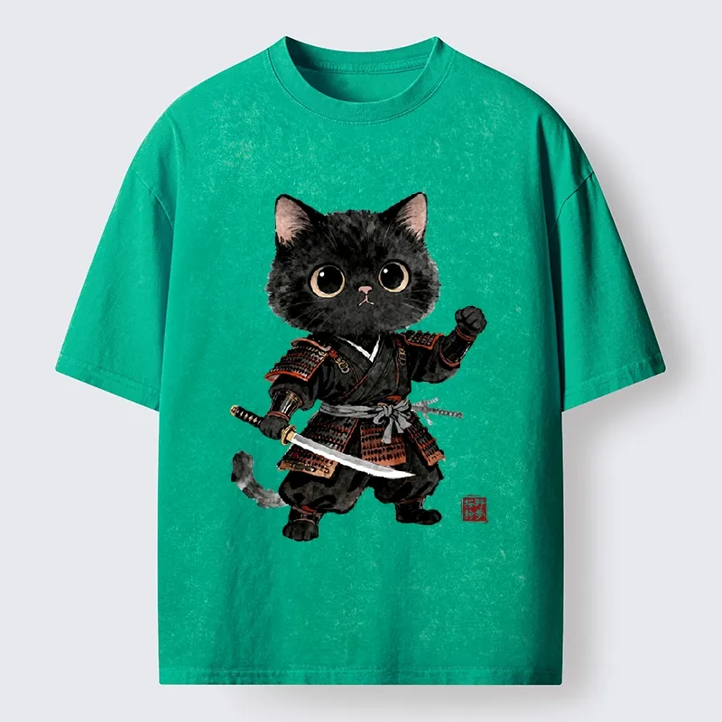 Tokyo-Tiger Samurai Black Cat With Katana Cute Art Washed T-Shirt