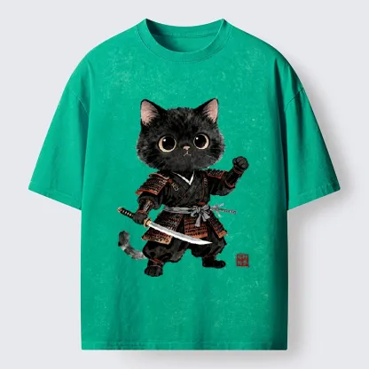 Tokyo-Tiger Samurai Black Cat With Katana Cute Art Washed T-Shirt