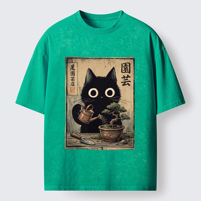 Tokyo-Tiger Black Cat Watering Bonsai Tree Washed T-Shirt