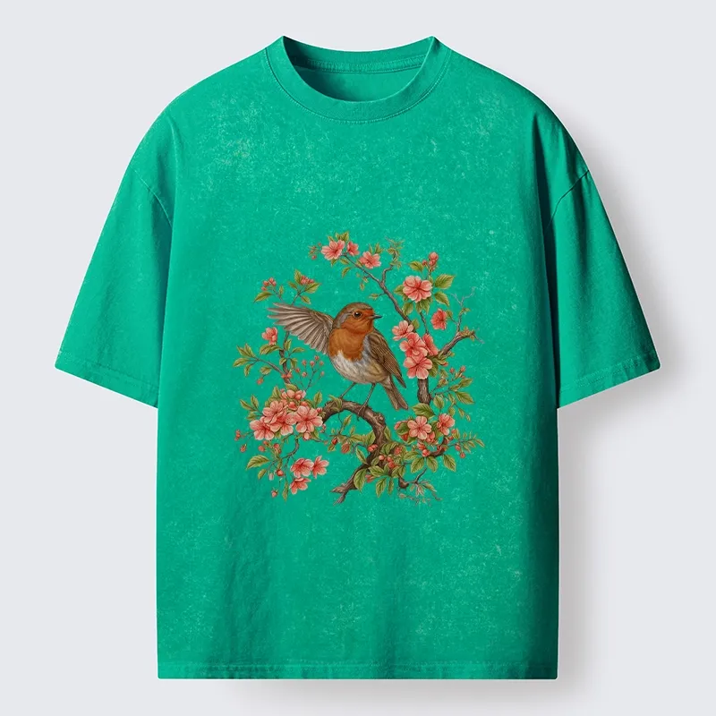 Tokyo-Tiger Beautiful Robin And Spring Flowers Washed T-Shirt