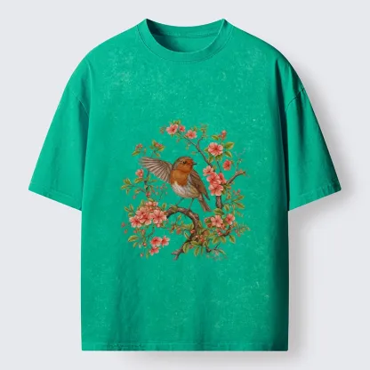 Tokyo-Tiger Beautiful Robin And Spring Flowers Washed T-Shirt
