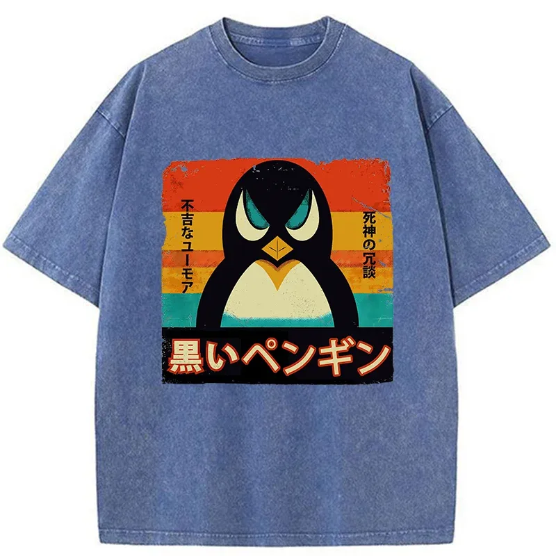 Tokyo-Tiger Black Funny Penguin Washed T-Shirt