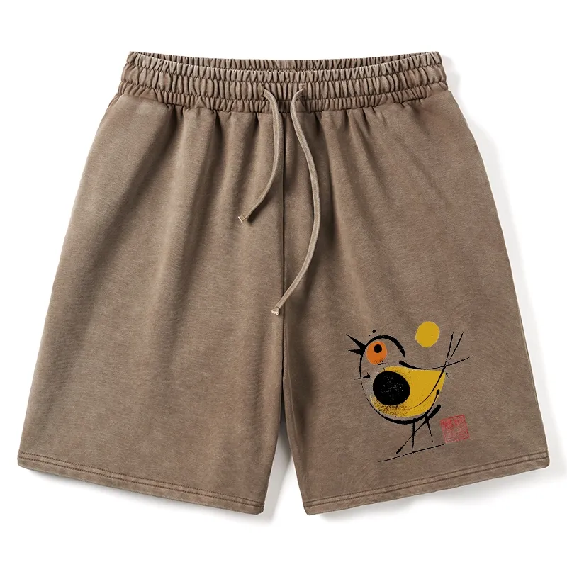 Tokyo-Tiger Aesthetic Yellow And Black Bird Washed Shorts
