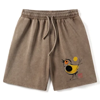 Tokyo-Tiger Aesthetic Yellow And Black Bird Washed Shorts