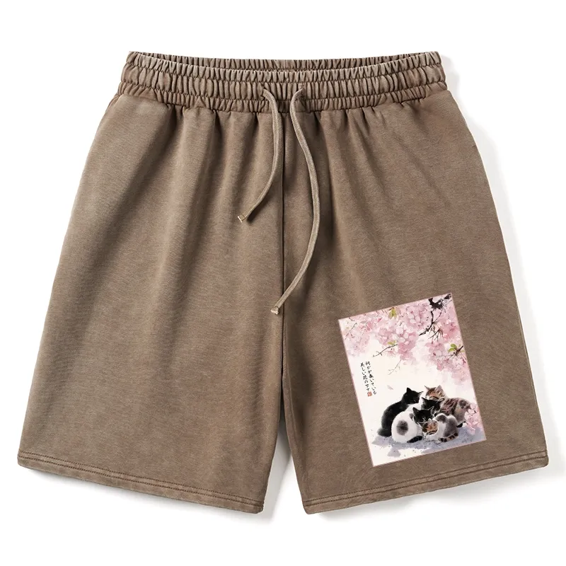 Tokyo-Tiger Cute Cats Sakura Garden Washed Shorts
