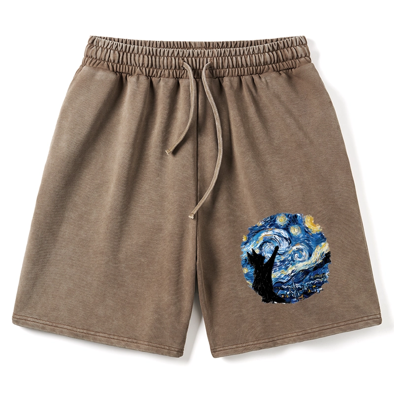 Tokyo-Tiger Starry Night Black Cat Washed Shorts