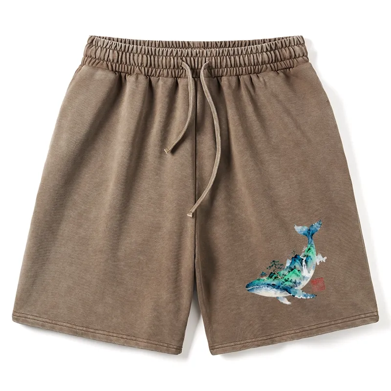 Tokyo-Tiger Whale Ink Painting Landscape Washed Shorts