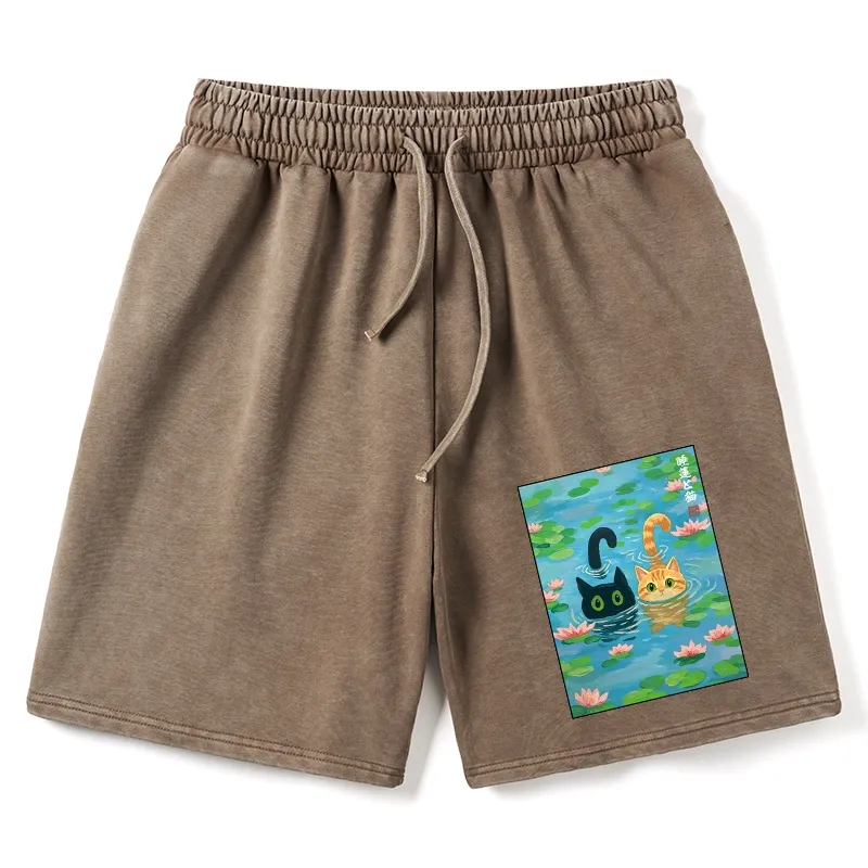 Tokyo-Tiger Cats In The Lotus Pond Washed Shorts