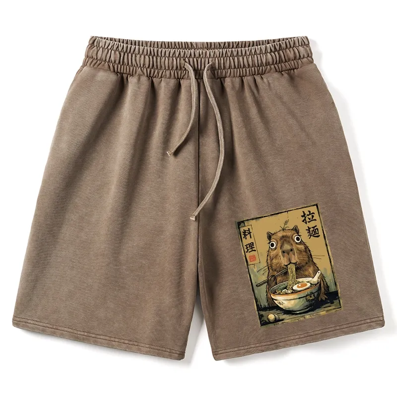 Tokyo-Tiger Cute Capybara Eating Ramen Washed Shorts